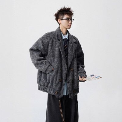 高级美式男款老钱风休闲毛呢翻领