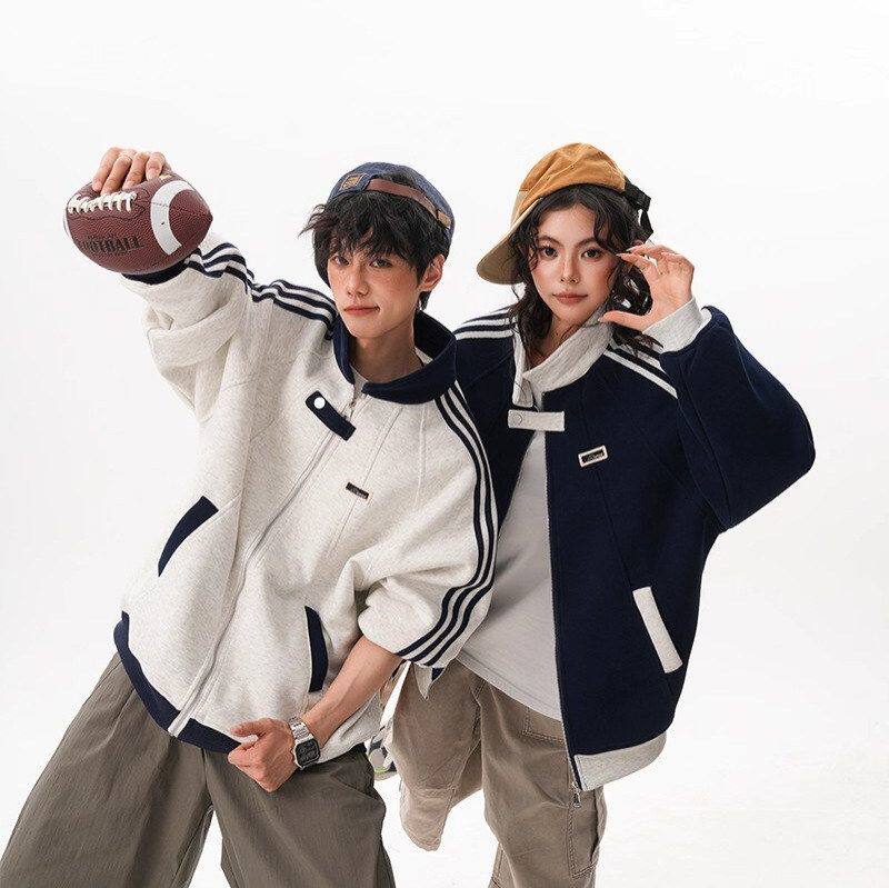 男女夹克立领宽松重磅加绒服棒球外套撞色条纹运动冬季开衫美式