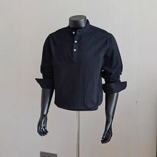 p衫美式黑色搭高级感亨利领长袖衬衫外套男款olo春秋老钱衬衣风穿