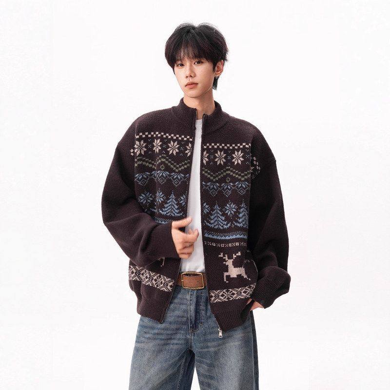 秋冬潮男女针织衫设计感咖色复古提花毛衣费尔岛撞色开衫美式情侣