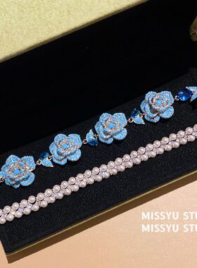 手饰手链山茶花朵！蓝色锆石女
