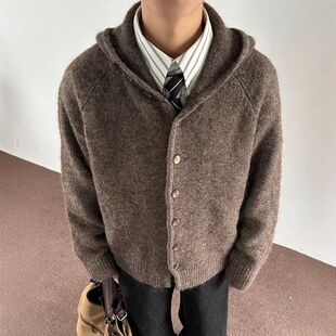 连帽老钱高级感慵懒毛衣风开衫男款针织衫外套纽扣冬季卫衣风韩系