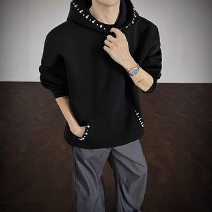 小众小正肩设计感钉珠500g香风卫衣上衣连帽针织重磅冬季外套男款