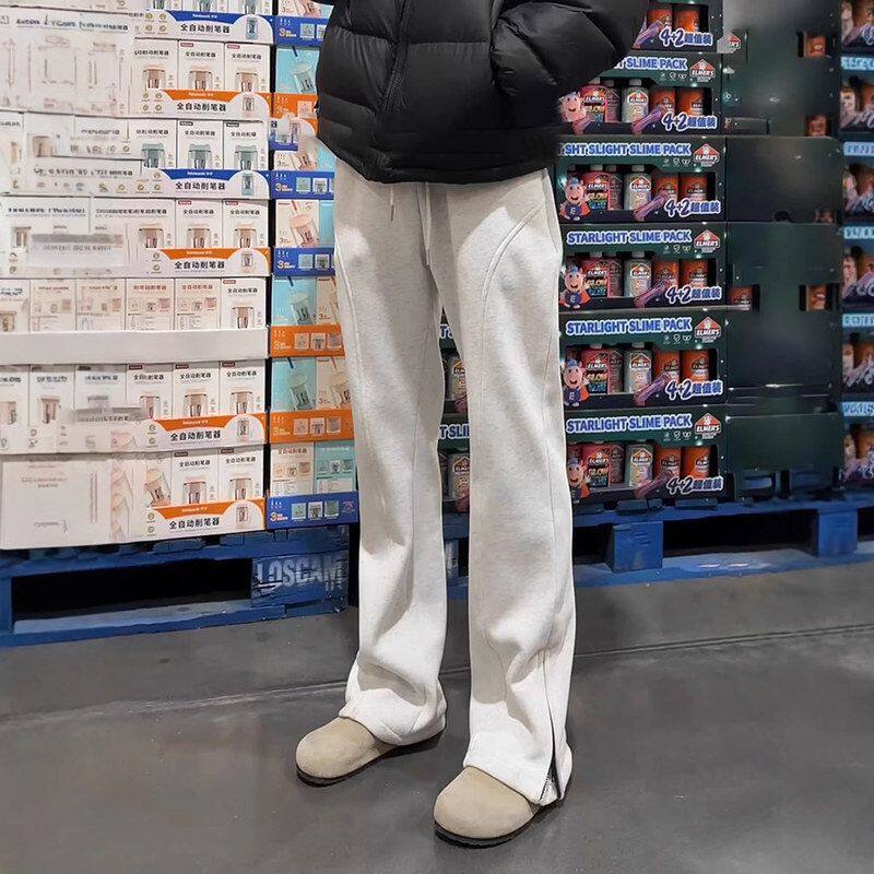 卫裤白花直筒长裤子拉链微喇裤休闲春秋灰色斜切弯刀侧边美式男款