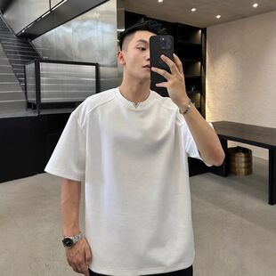 新款风V白色重磅anfit美式le男款韩版短袖领夏季五分袖T恤轻熟c