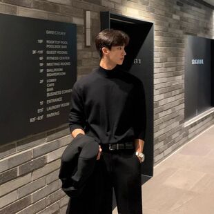 韩系半加厚高领宽松冬季男女春秋毛衣针织潮流黑色线衣中领打底衫