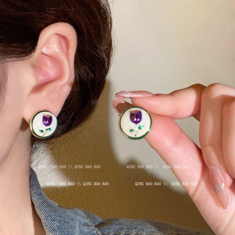 女复古耳滴油高级感玫瑰珐琅气质