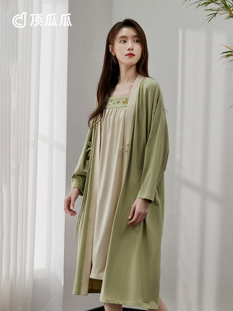 RETRO NATIONAL STYLE DRESSING GOWN LONG-SLEEVED WOMENS BATHROBE SPRING AND AUTUMN COTTON HANFU SKIRT PAJAMAS MORNING ROBE SUSPENDER NIGHTDRESS 2-PIECE SET