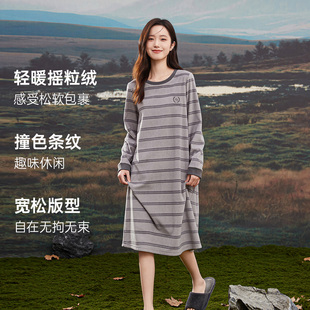 顶瓜瓜女士睡裙长袖顶呱呱摇粒绒加厚保暖睡衣条纹外穿家居服秋冬