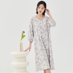顶瓜瓜纯棉V领睡裙顶呱呱睡衣夏季女七分袖长袖家居服宽松孕妇裙