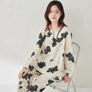 宽松顶呱呱居家居服女 睡衣套装 顶瓜瓜印花纯棉套头法式 方领长袖