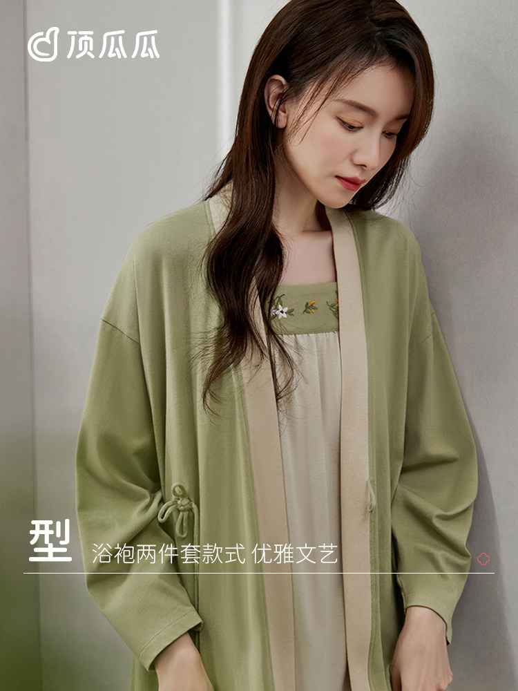 RETRO NATIONAL STYLE DRESSING GOWN LONG-SLEEVED WOMENS BATHROBE SPRING AND AUTUMN COTTON HANFU SKIRT PAJAMAS MORNING ROBE SUSPENDER NIGHTDRESS 2-PIECE SET