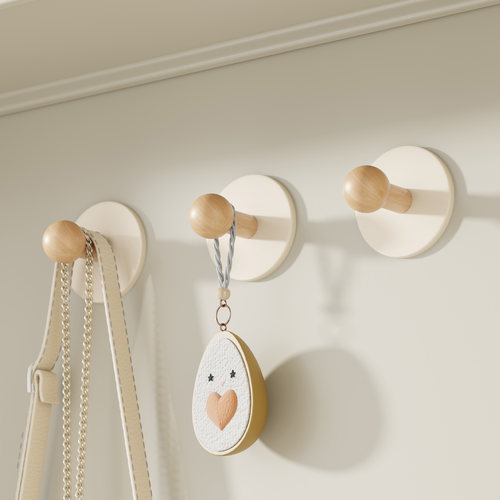 奶油风挂钩强力粘胶免打孔浴室门后挂衣钩墙壁挂毛巾衣帽粘钩实木