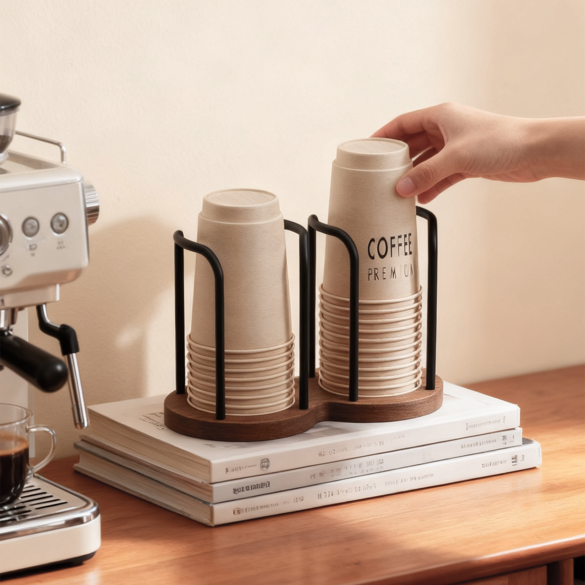 一次性杯子取杯器实木高级感放水杯收纳置物架桌面咖啡茶杯纸杯架