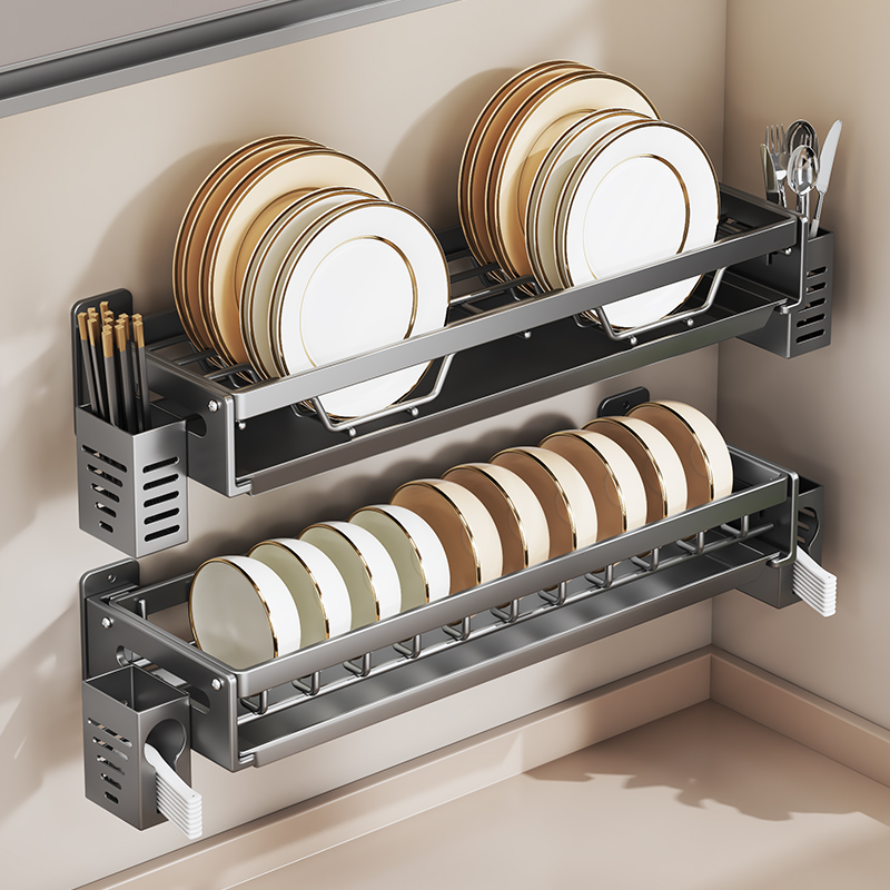 枪灰碗架沥水架厨房置物架免打孔墙上壁挂碗碟收纳架多功能碗盘架
