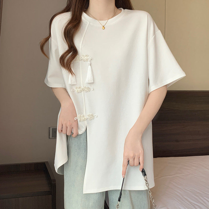 大码女装设计感开叉上衣夏季胖mm宽松遮肉显瘦新中式百搭短袖T恤,女装/女士精品,大码内搭,淘宝优惠券,粉丝福利购,淘宝优惠卷