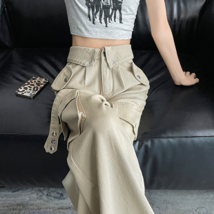 裤 街头休闲裤 女春季 高腰设计感直筒美式 子女 2026年新款 米白色工装