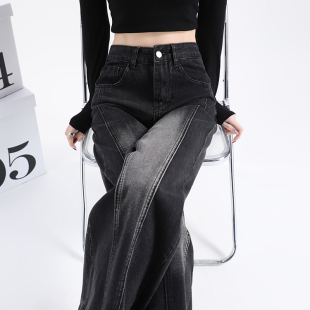 设计感宽松拖地裤 黑灰色阔腿直筒牛仔裤 高腰春装 新款 女2026年春季