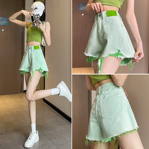 绿色破洞牛仔短裤女夏季薄款