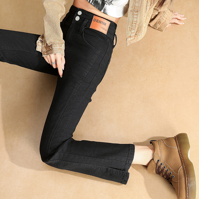 黑色开叉烟管牛仔裤女春夏
