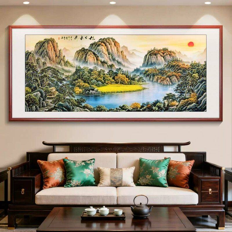 旭日东升山水画挂画浮雕描金客厅装饰画沙发背景墙办公室茶室国画
