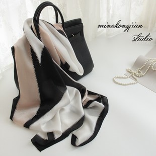 桑蚕丝丝巾旅游披肩OL 真丝围巾女欧美黑白拼色长款 2020新款 春秋季