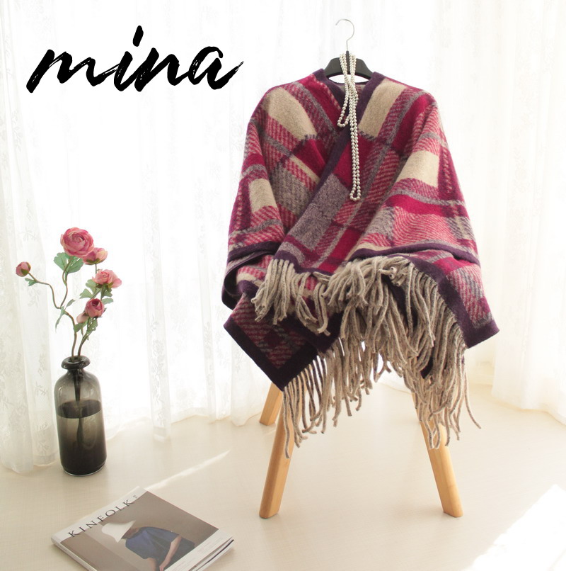 格子中长羊毛绒斗篷式两用披肩