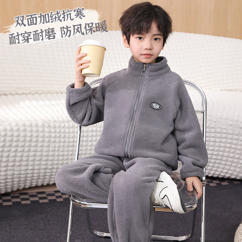 儿童秋冬季立领套装双面绒毛毛衣男童女童软糯法兰绒保暖外套裤子