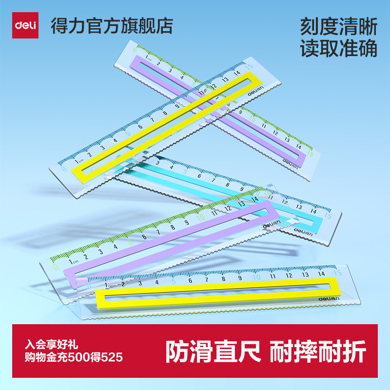 得力防滑透明尺子直尺小学生手抄报多功能画图几何绘图初中生专用一二年级套装镂空直尺20cm软尺高颜值