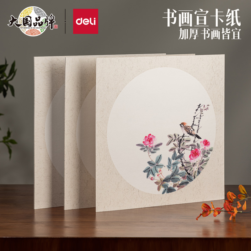 得力加厚国画生宣宣纸卡纸工笔画空白书法绘画专用纸初学者美术儿童毛笔字练习用纸扇面圆形镜片装裱作品纸