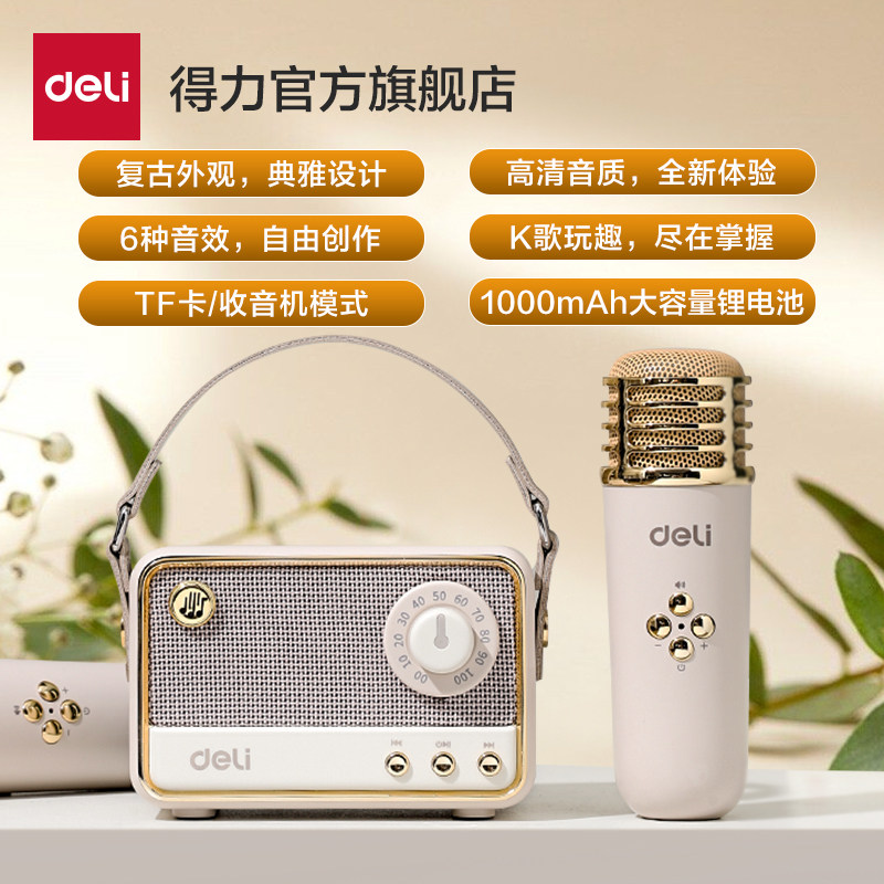 得力麦克风话筒K歌音响唱歌家庭用话筒一体儿童KTV无线音箱卡拉OK