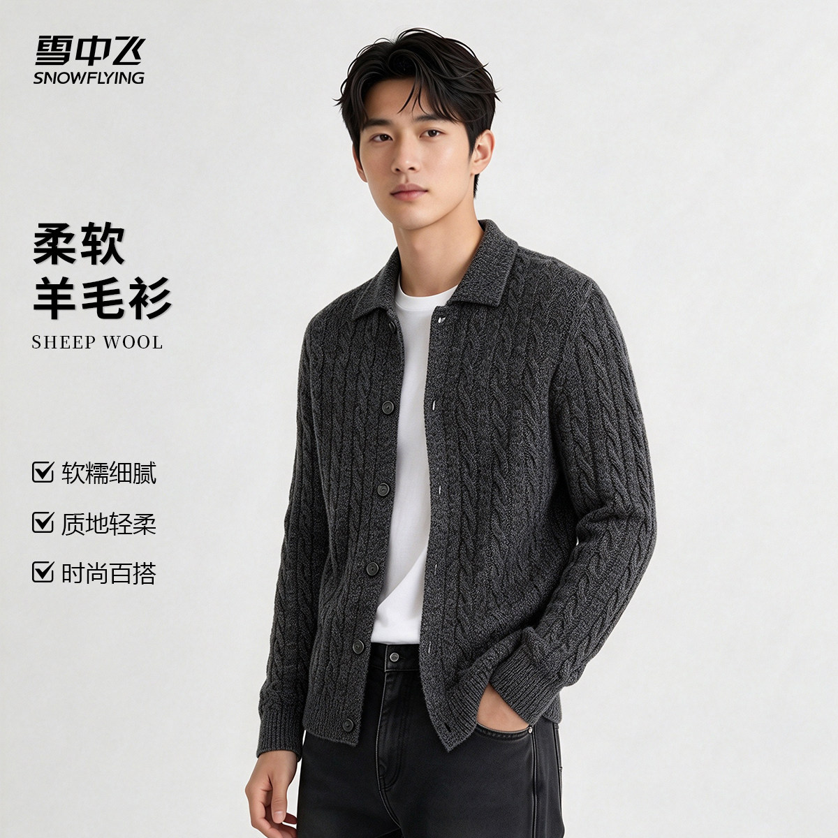 雪中飞男士含山羊绒羊毛开衫