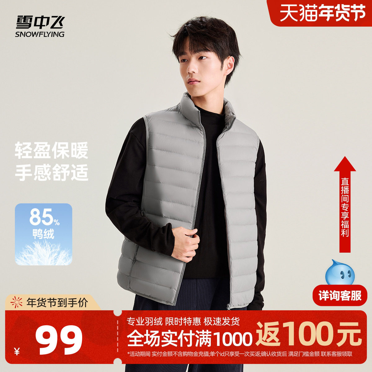 雪中飞2025秋冬新款男士立领短款羽绒马甲山系百搭轻薄时尚户外,男装,淘宝优惠券,粉丝福利购,淘宝优惠卷