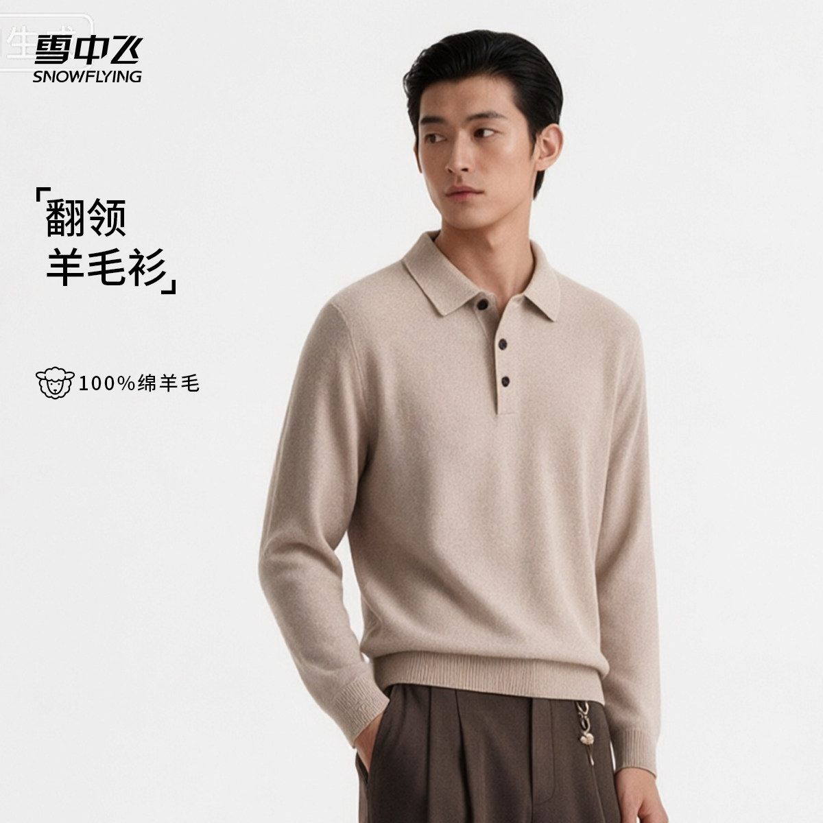 雪中飞26新款内搭休闲【100%绵羊毛】男式POLO衫领纽扣羊毛衫W