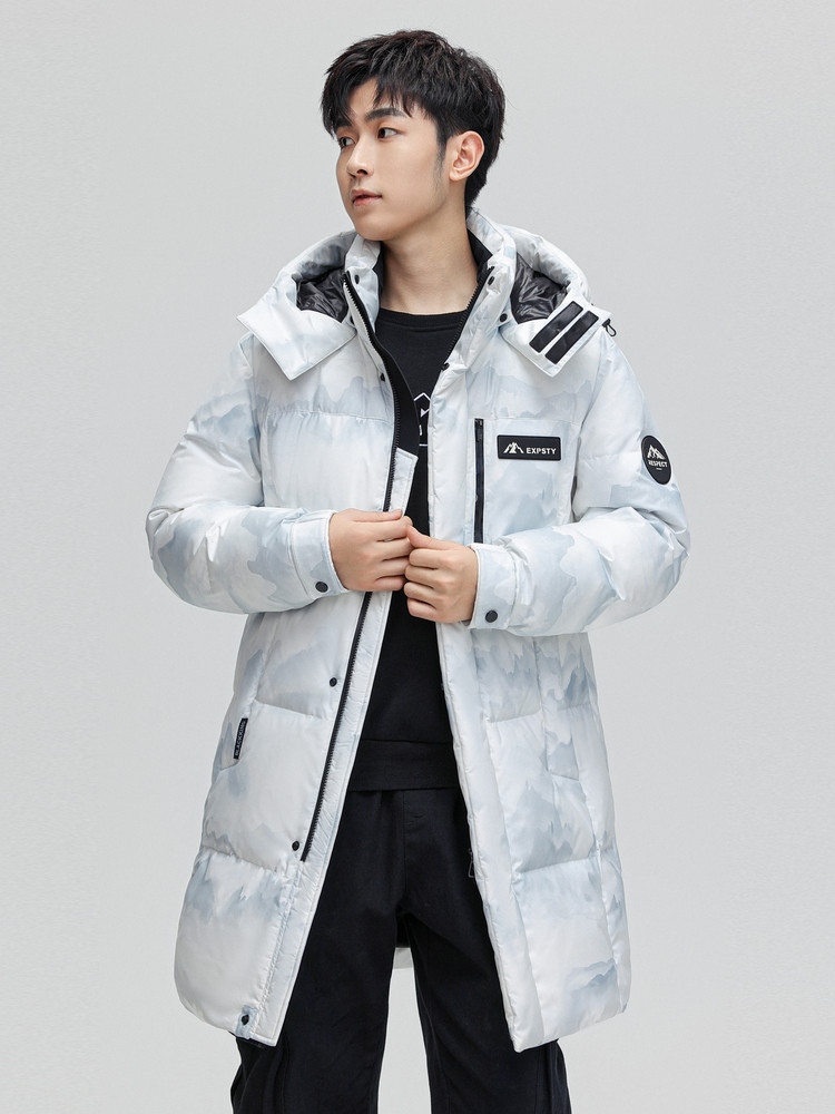 FLYING IN THE SNOW 2024 가을 겨울 신사복 중간 길이 다운 재킷 위장 흰색 유행 따뜻한 대형 포켓 방풍