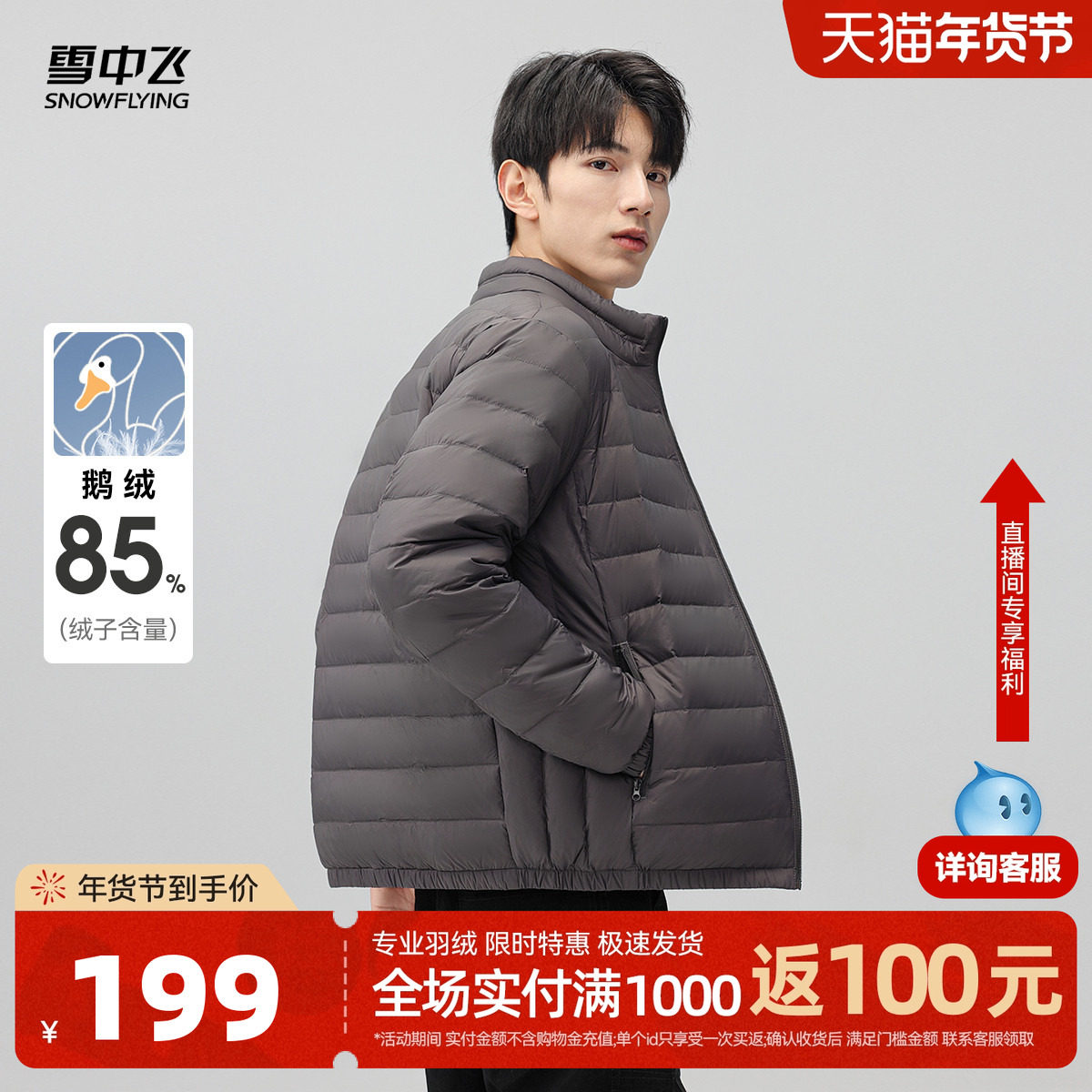 雪中飞2025冬新款男士鹅绒立领轻薄羽绒服休闲商务便捷百搭纯色