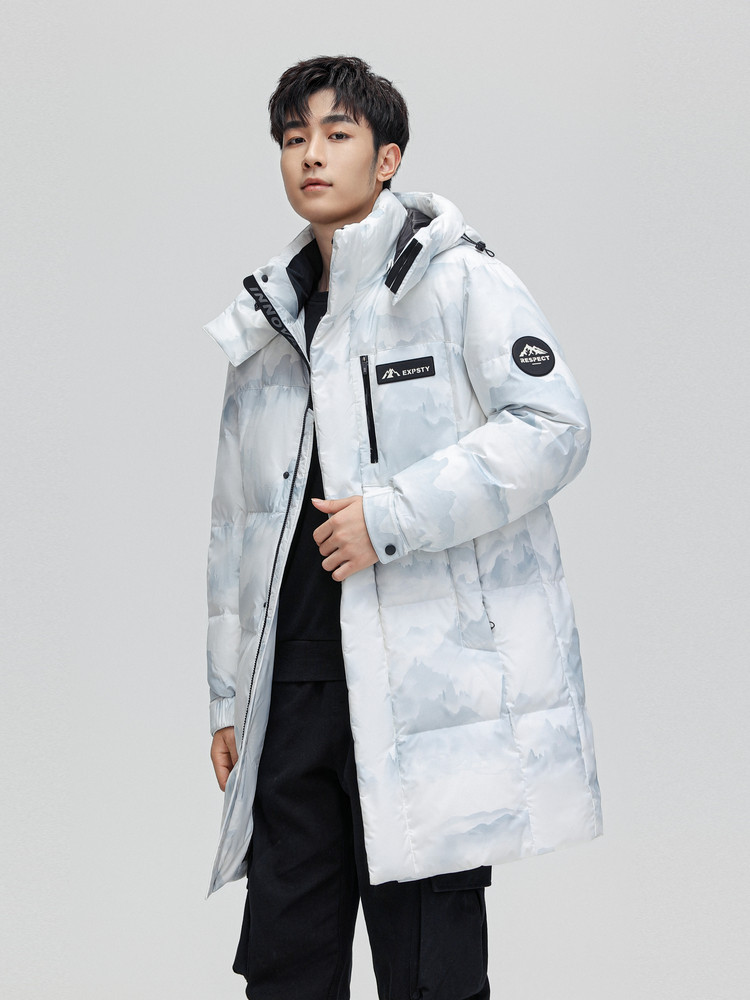 FLYING IN THE SNOW 2024 가을 겨울 신사복 중간 길이 다운 재킷 위장 흰색 유행 따뜻한 대형 포켓 방풍