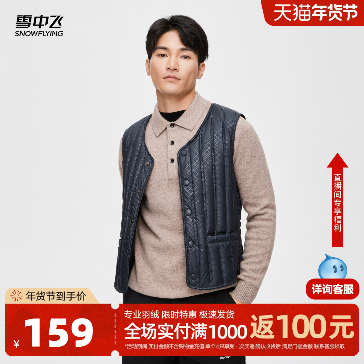 雪中飞2025冬新款V领按扣羽绒背心男款内穿商务休闲保暖马甲内搭,男装,羽绒马甲,淘宝优惠券,粉丝福利购,淘宝优惠卷