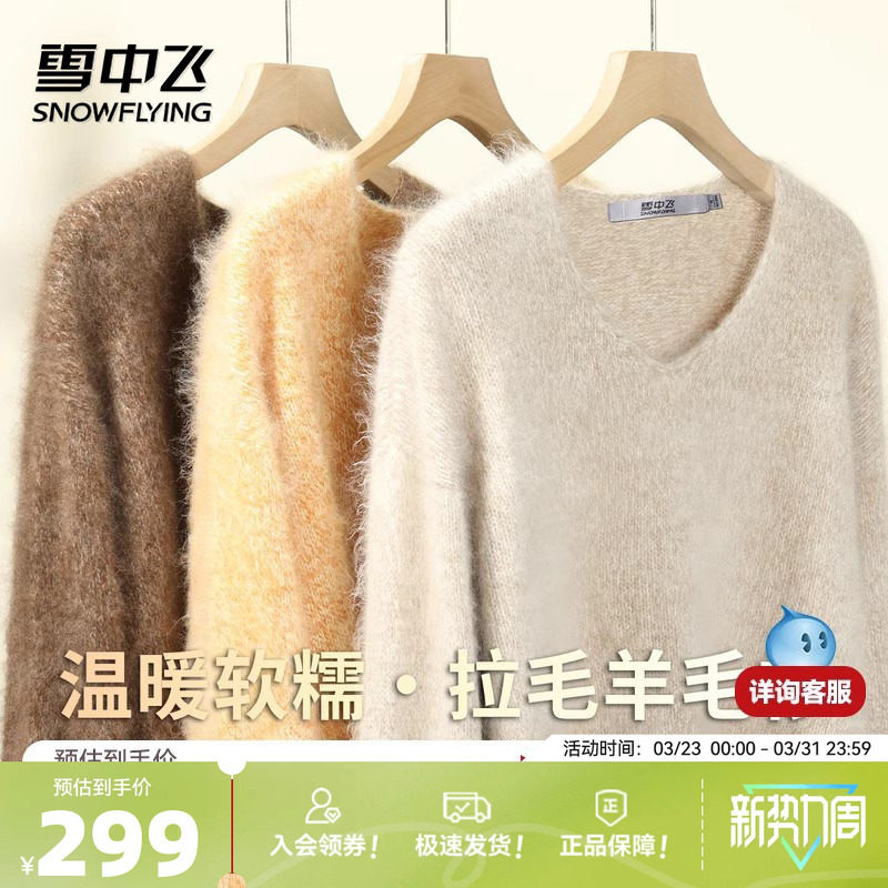 雪中飞100%绵羊毛拉毛V领高级休闲百搭羊毛衫女秋冬季软糯针织衫
