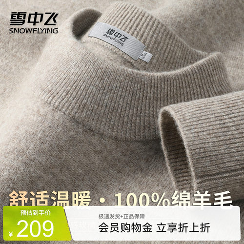雪中飞【100%绵羊毛 细绒感温暖】圆领男式羊毛衫早春厚款打底衫W