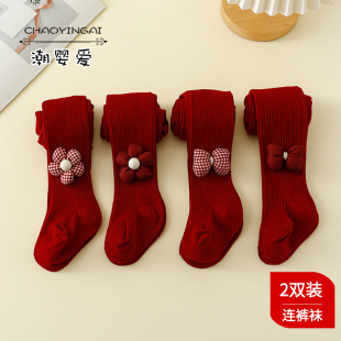 中小童打底裤春秋款红色大PP儿童外穿中厚宝宝连体新年女童连裤袜