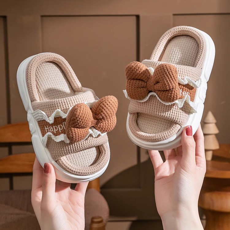 夏可爱蝴蝶结儿童亚麻拖鞋四季居家男童女童卡通室内小孩拖鞋批发