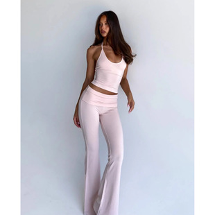 欧美csb*无标辣妹轻薄浅粉色瑜伽普拉微喇长裤运动挂脖吊带