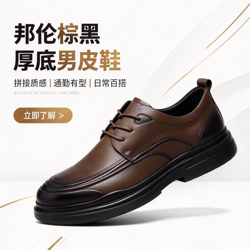 邦伦男士真皮厚底大头德比鞋