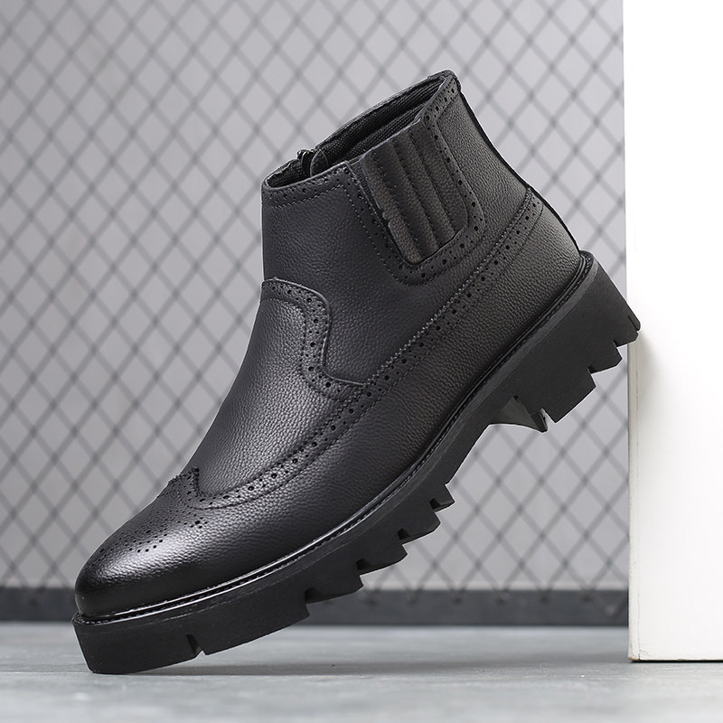 马丁靴男款英伦风时尚百搭男士中帮切尔西布洛克侧拉链休闲短靴子