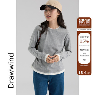 T恤女宽松圆领假两件打底衫 长绒棉长袖 新款 画风drawwind2026春季