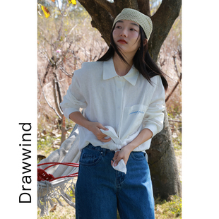 画风drawwind2026春夏季新款亚麻衬衫上衣女宽松韩版刺绣长袖衬衣