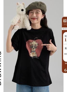 画风drawwind2026春夏季新款短袖T恤女宽松卡通印花纯棉圆领上衣