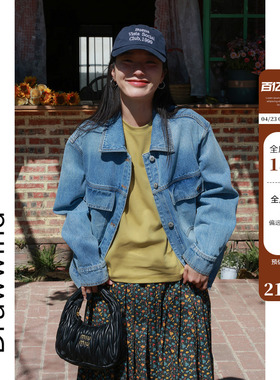 画风drawwind2026早春季新款工装夹克女宽松口袋拼接翻领牛仔外套