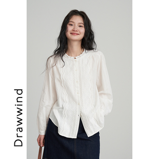 衬衫 女宽松提花面料贴花边圆领上衣 长袖 画风drawwind2026春秋新款